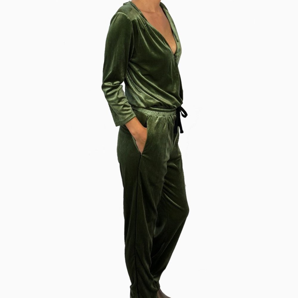 NEW FRNCH Women Glitter Velvet Olive V Neck Wrap Jumpsuit Long Sleeve Pants - Picture 2 of 7
